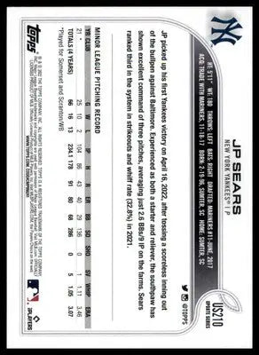 JP Sears Rookie 2022 Topps Update #US210 New York Yankees - Baseball Card Single