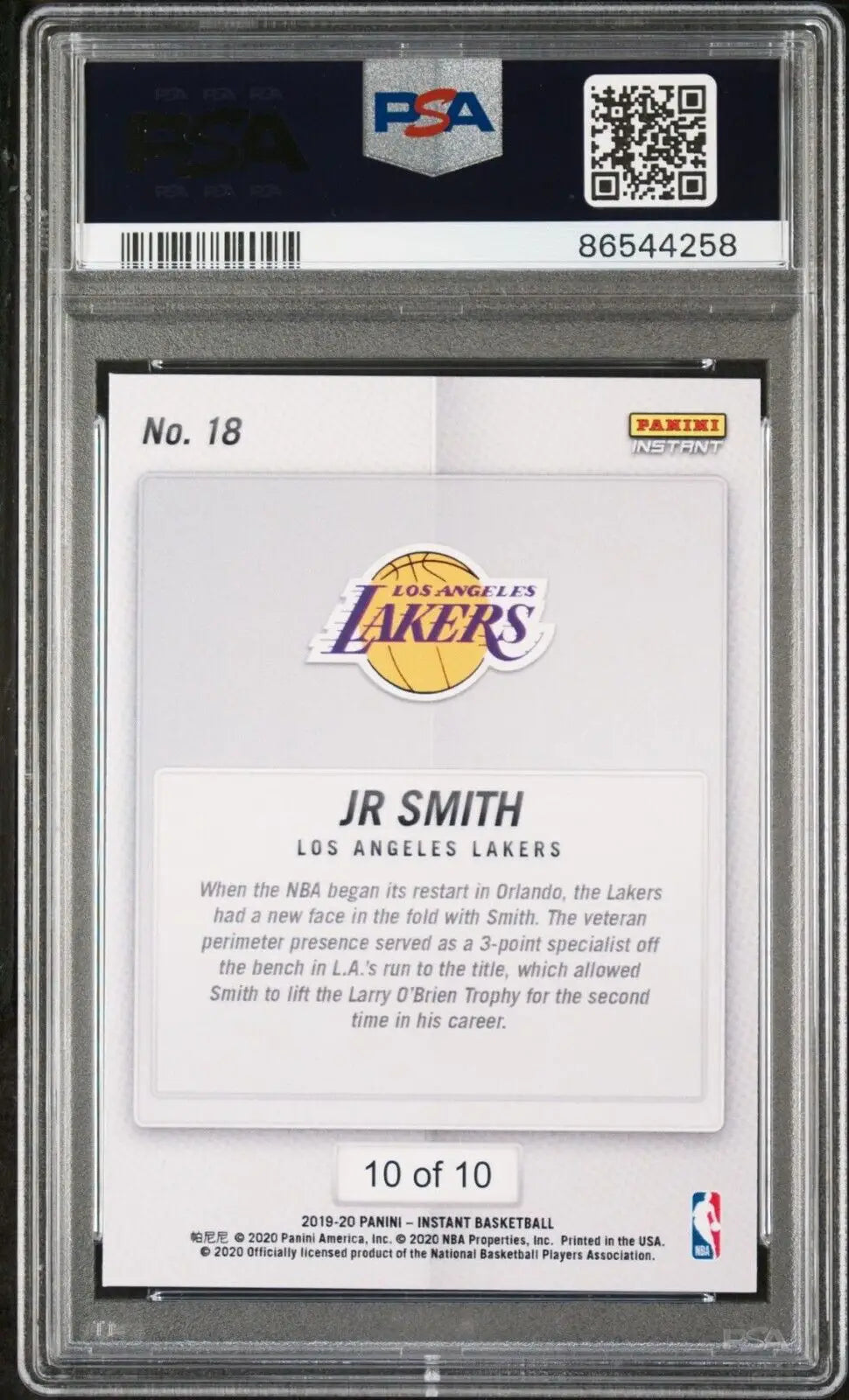 JR Smith 2020 Panini LA Lakers NBA Champions #18 Green Card 10/10 PSA 9 Mint - Basketball Card Single