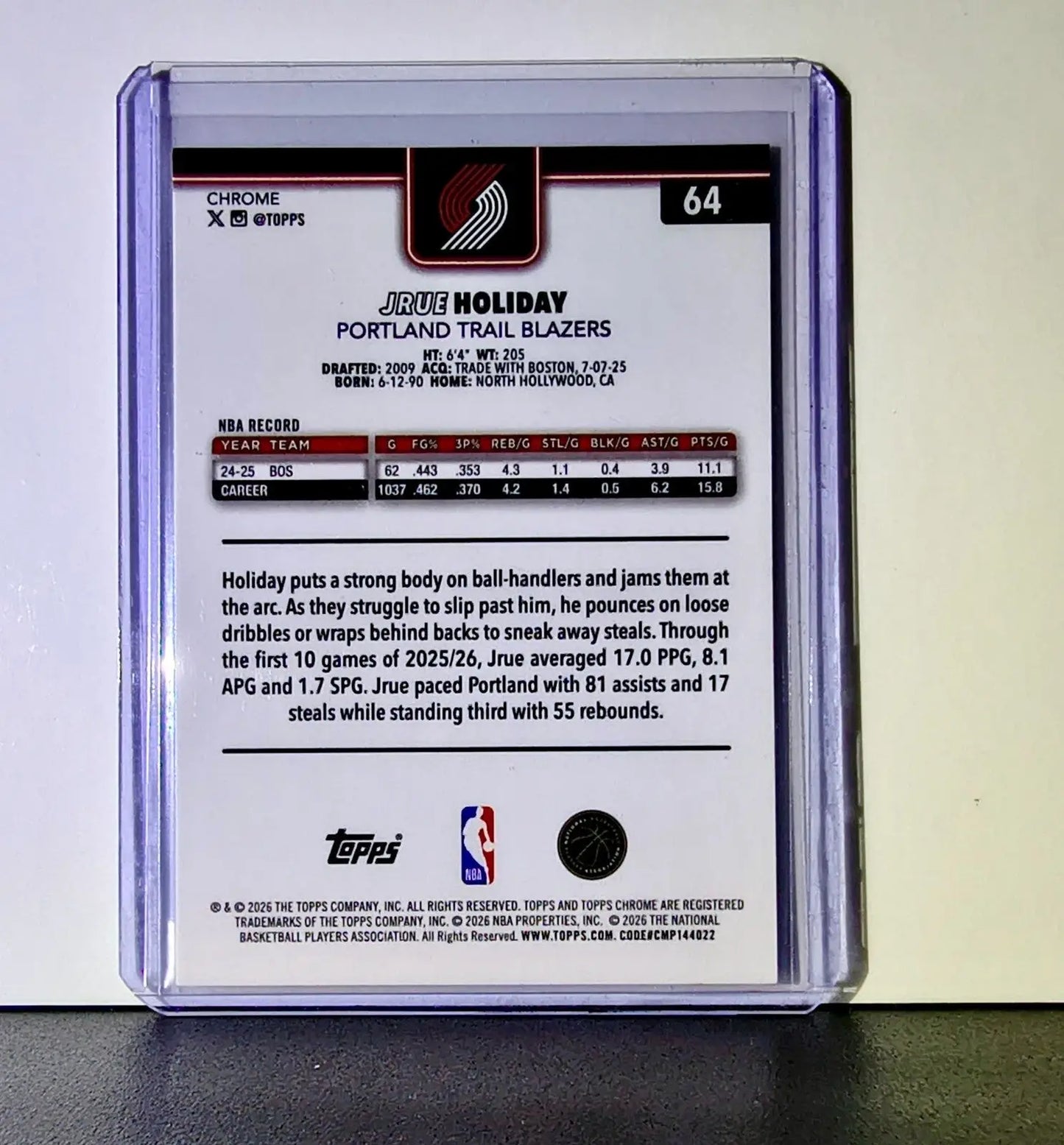 Jrue Holiday 2025-26 NBA Topps Chrome Update RayWave Refractor #64 Card - Basketball Card Single