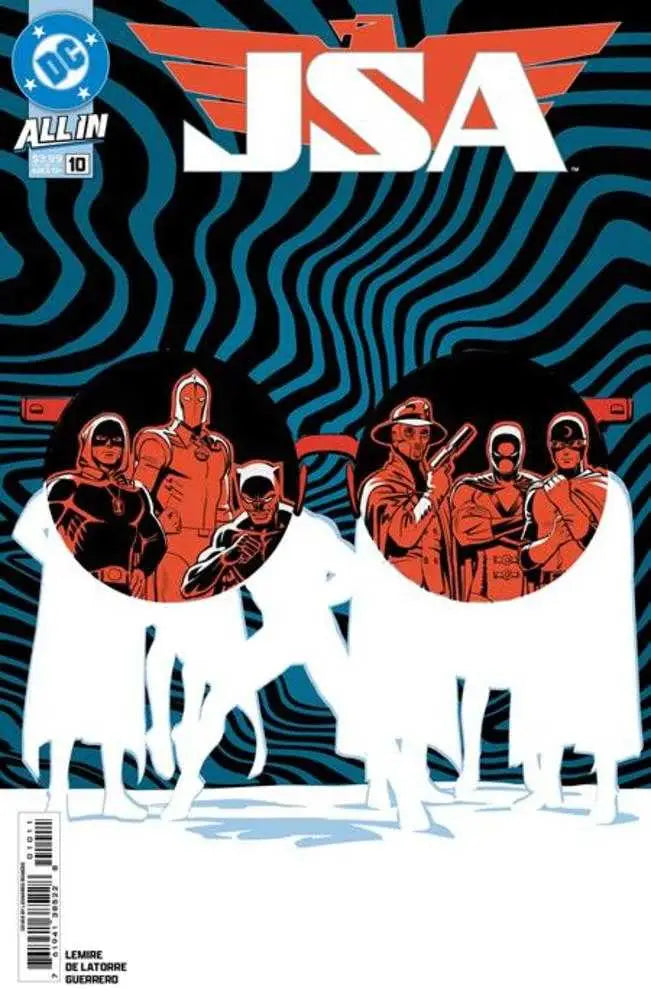 Comic book cover featuring superheroes from JSA #10 by Leonardo Romero on Blackhawk Island