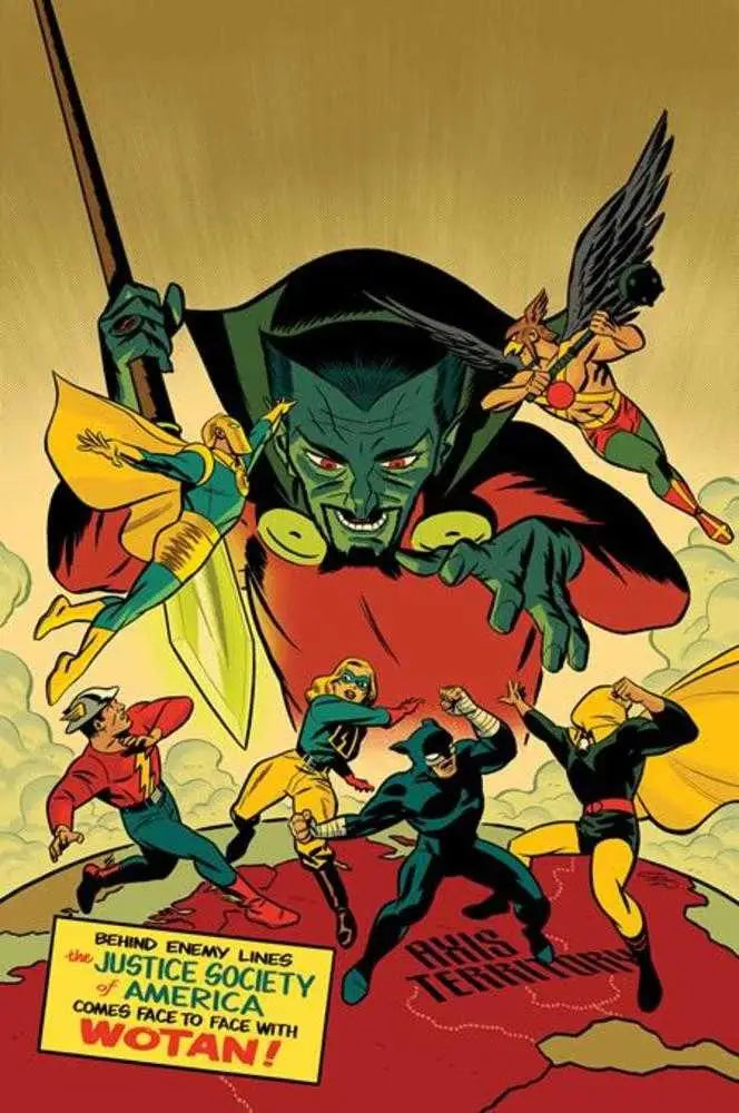 Comic book cover of Justice Society facing green-skinned villain by Michael Cho