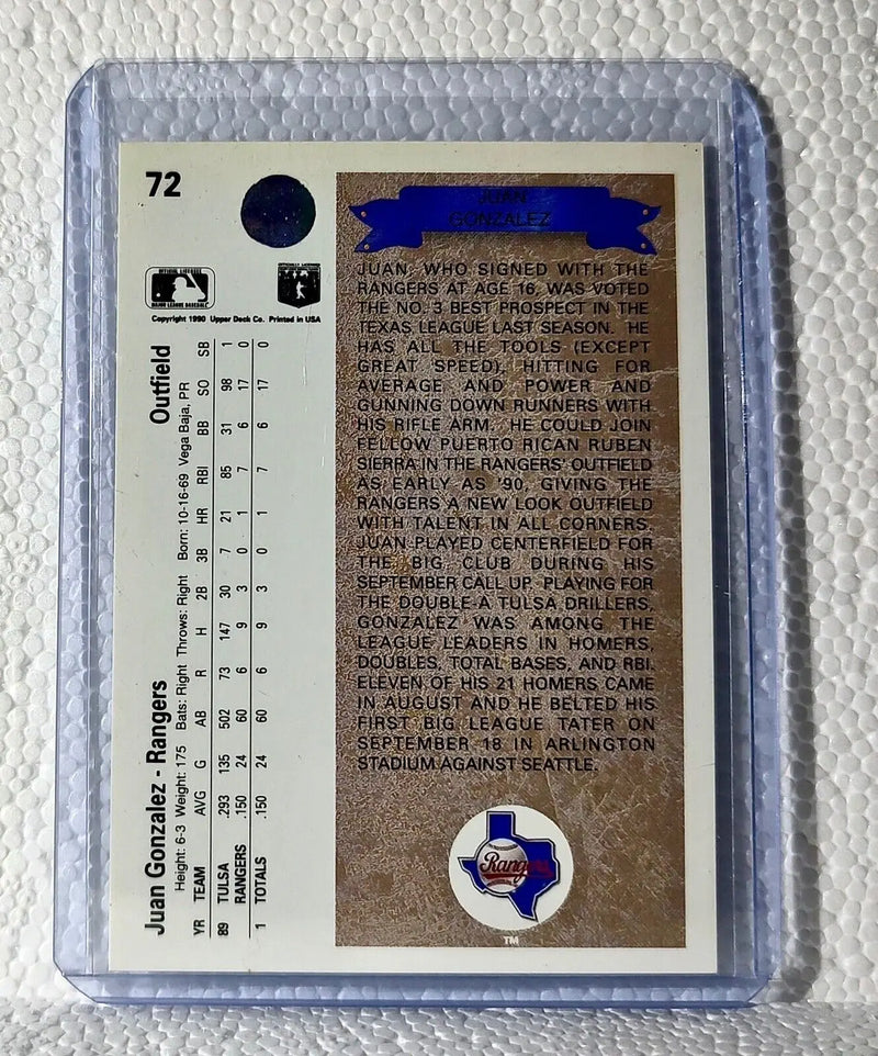 Juan Gonzalez 1990 Upper Deck MLB #72 Rookie Baseball Card Texas Rangers
