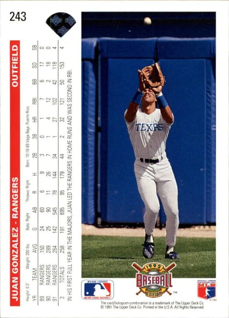 Juan Gonzalez 1992 Upper Deck MLB #243 Baseball Card Texas Rangers - Baseball Card Single