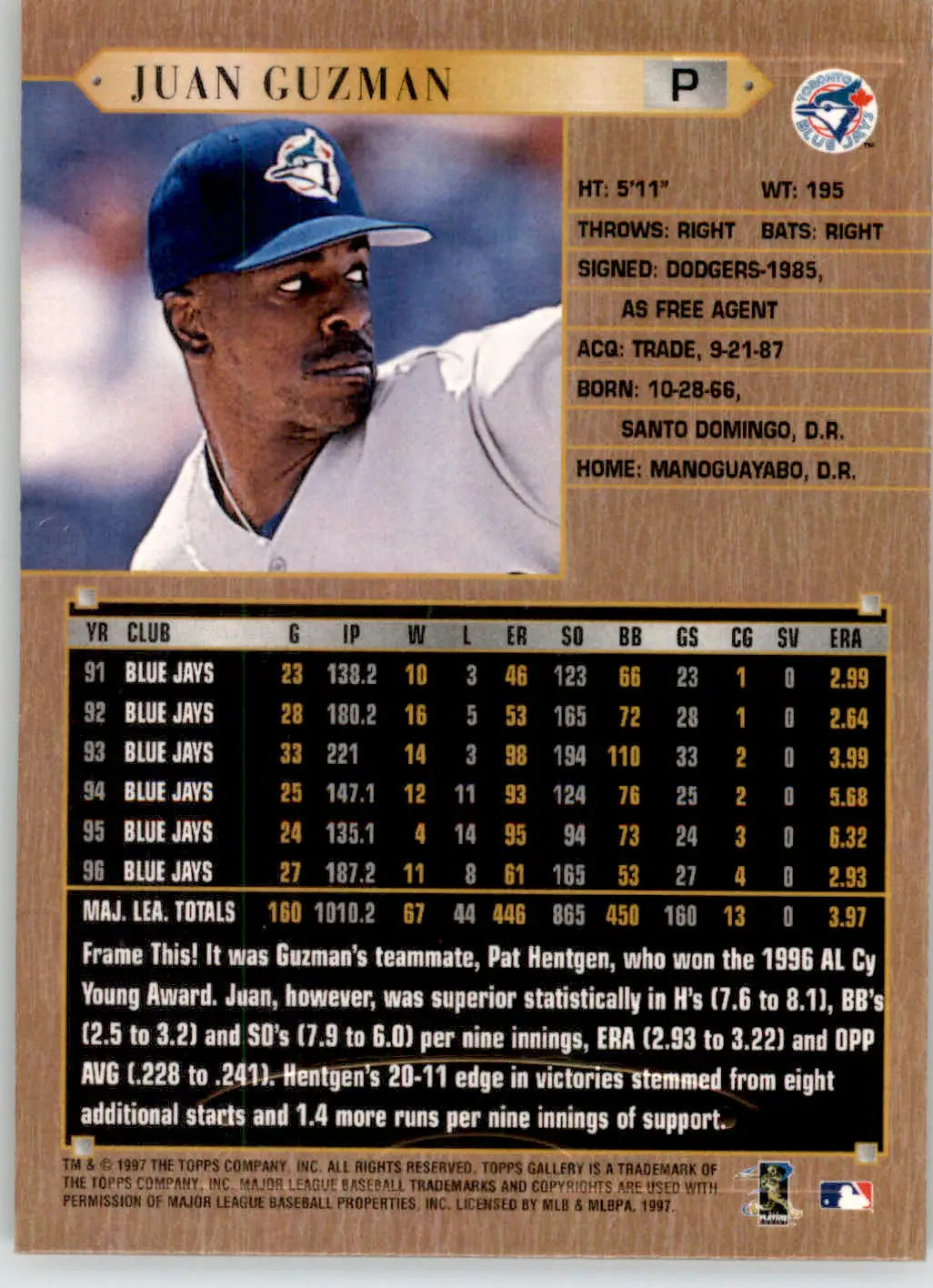 Juan Guzman - 1997 Topps Gallery - #124 - Baseball - Baseball Card Single