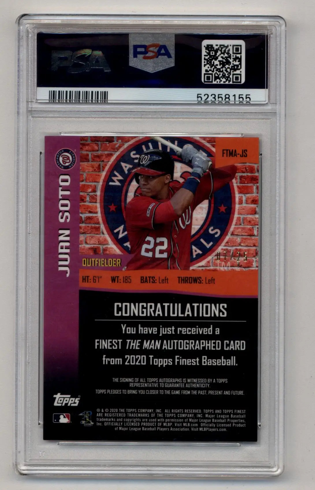 Juan Soto 2020 Finest Orange Refractor Auto baseball card PSA 10 Gem Mint
