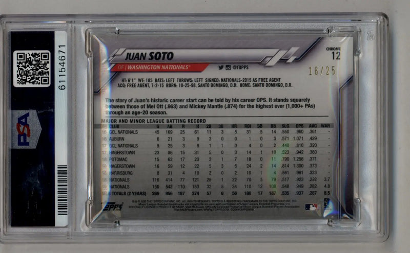 Graded Juan Soto 2020 Topps Chrome Orange Refractor baseball card PSA 9 Mint