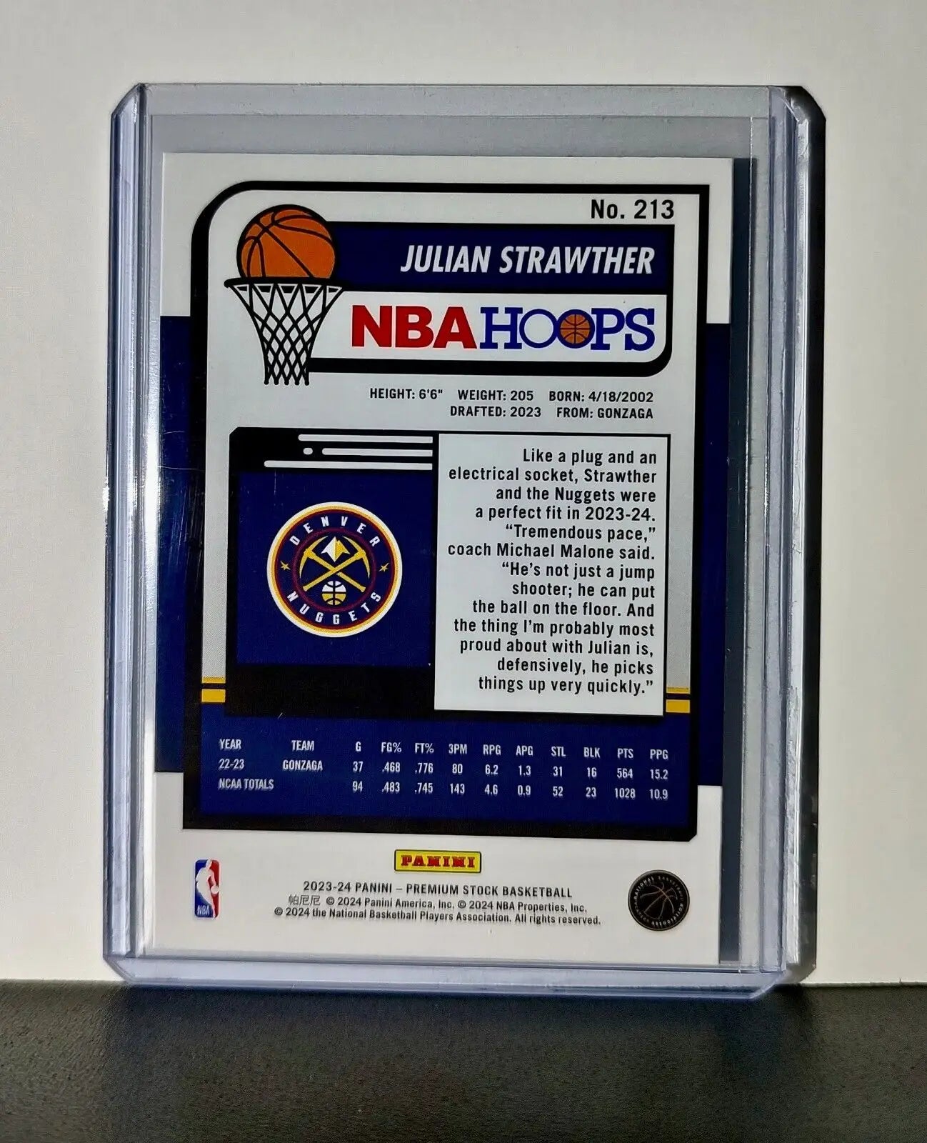 Julian Strawther 2023-24 Panini Premium Stock NBA Hoops #213 Rookie Card Nuggets - Basketball Card Single