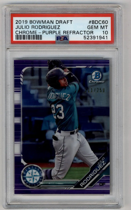 Graded 2019 Bowman Chrome Draft Purple Refractor Julio Rodriguez baseball card PSA 10