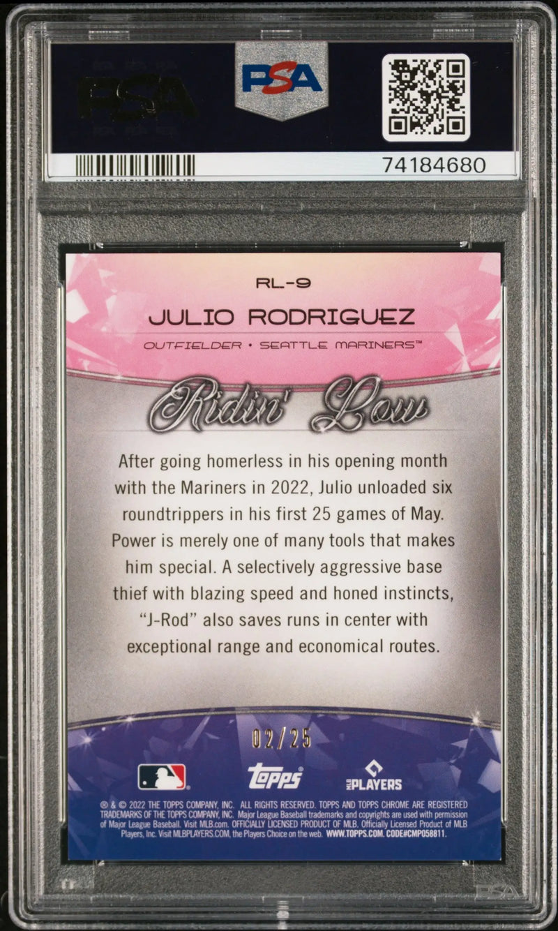Graded Julio Rodriguez Baller Ridin Low Orange Refractor baseball card 07/25 PSA 9