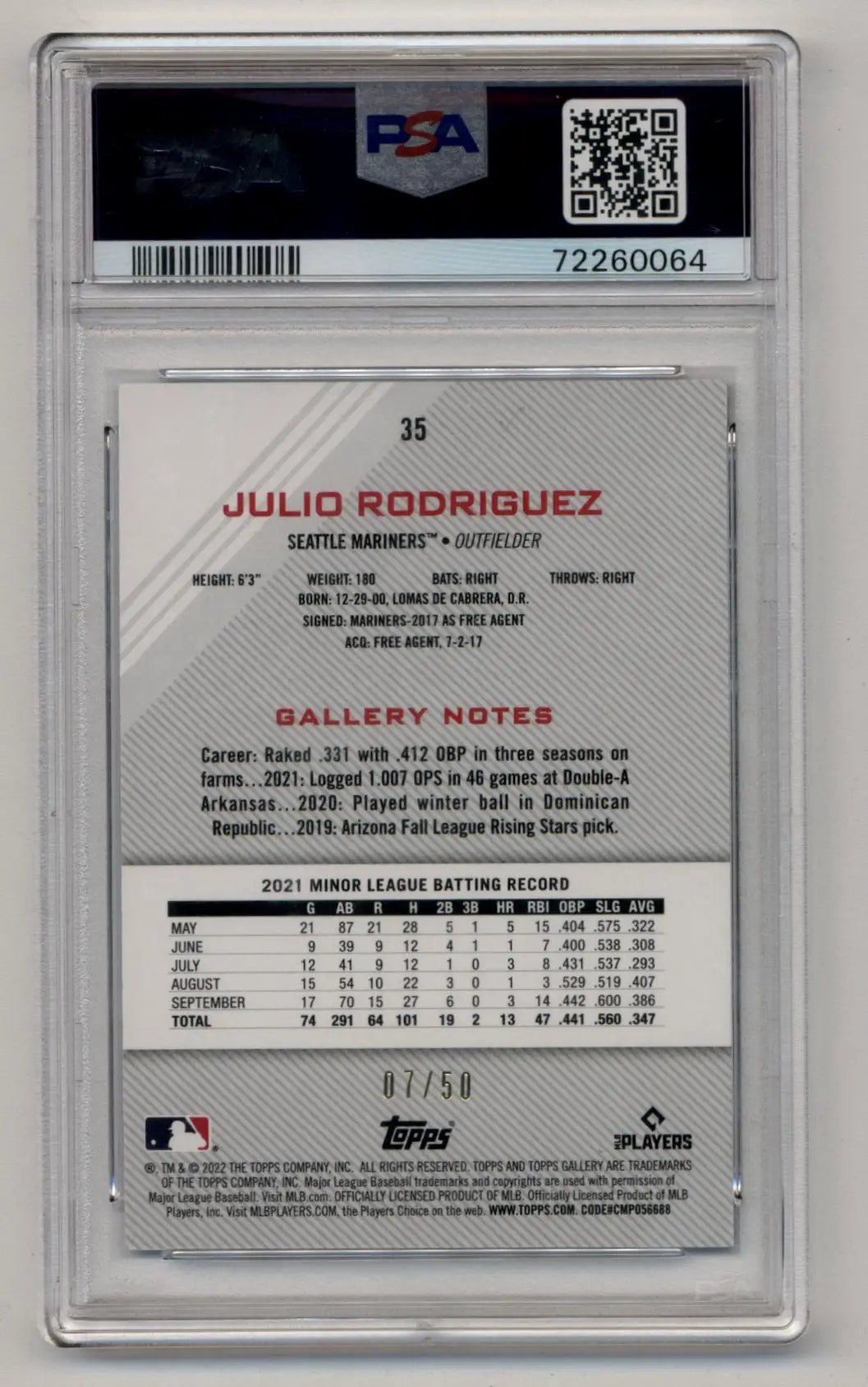 Julio Rodriguez 2022 Topps Gallery Blue Pattern 07/50 #35 PSA 10 Gem Mint - Baseball Card Single