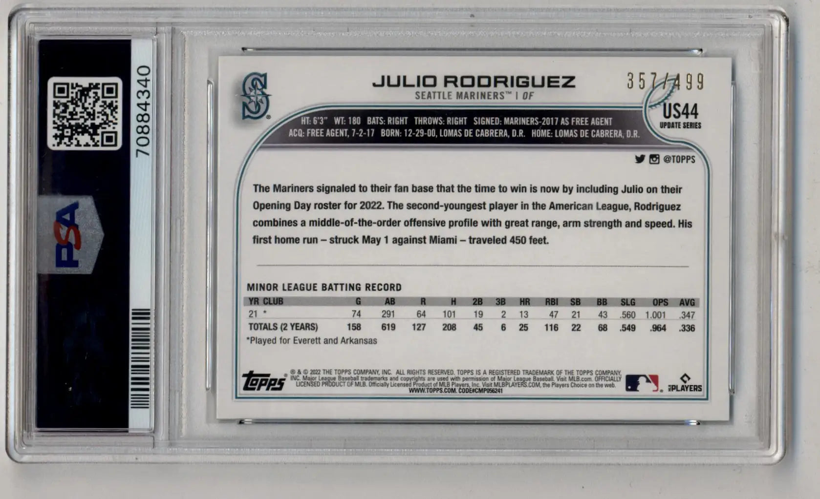 Julio Rodriguez 2022 Topps Update Green Foil 357/499 PSA 10 Gem Mint - Baseball Card Single