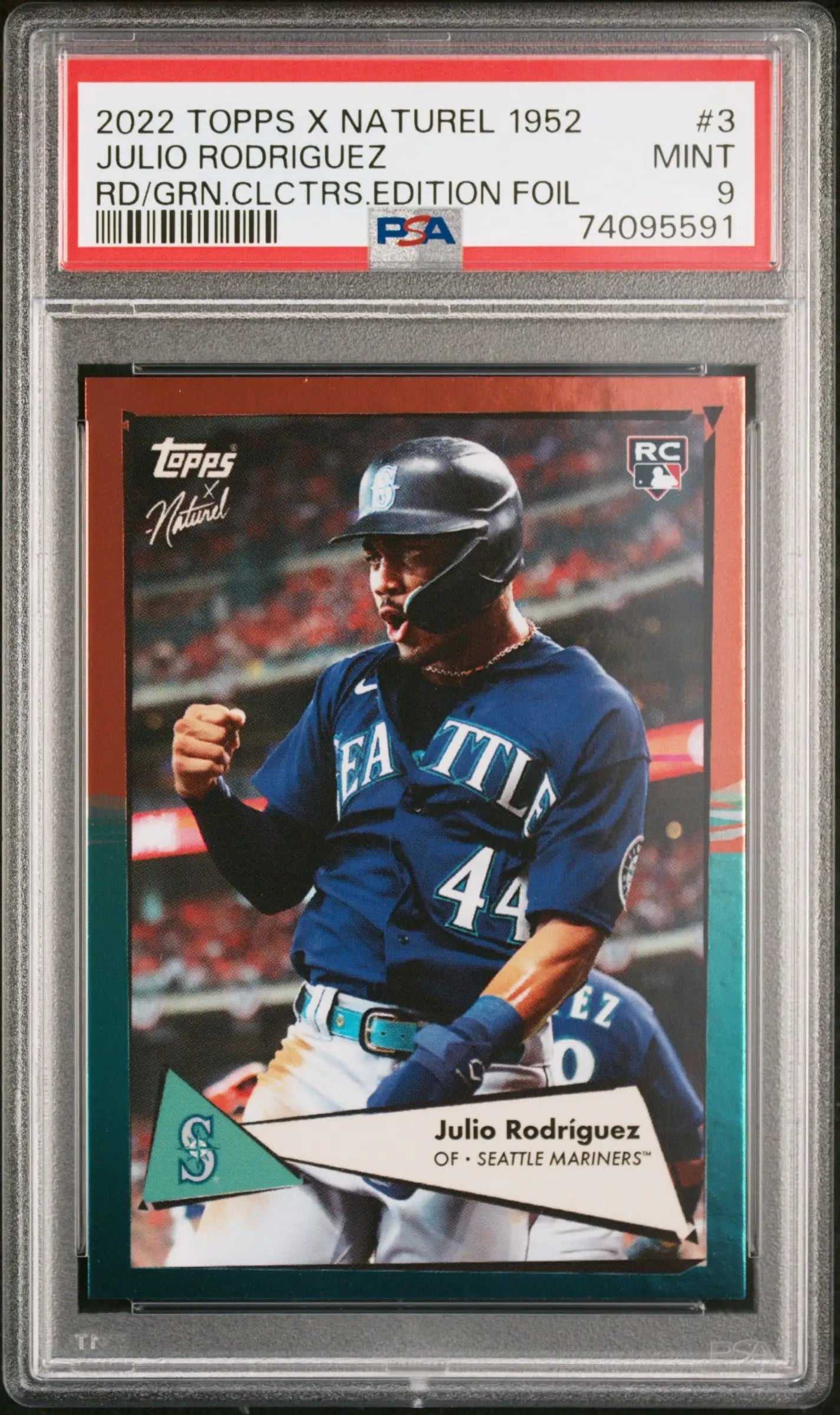 PSA-graded 2022 Topps X Naturel 1952 Julio Rodriguez Red Green Foil card in mint condition