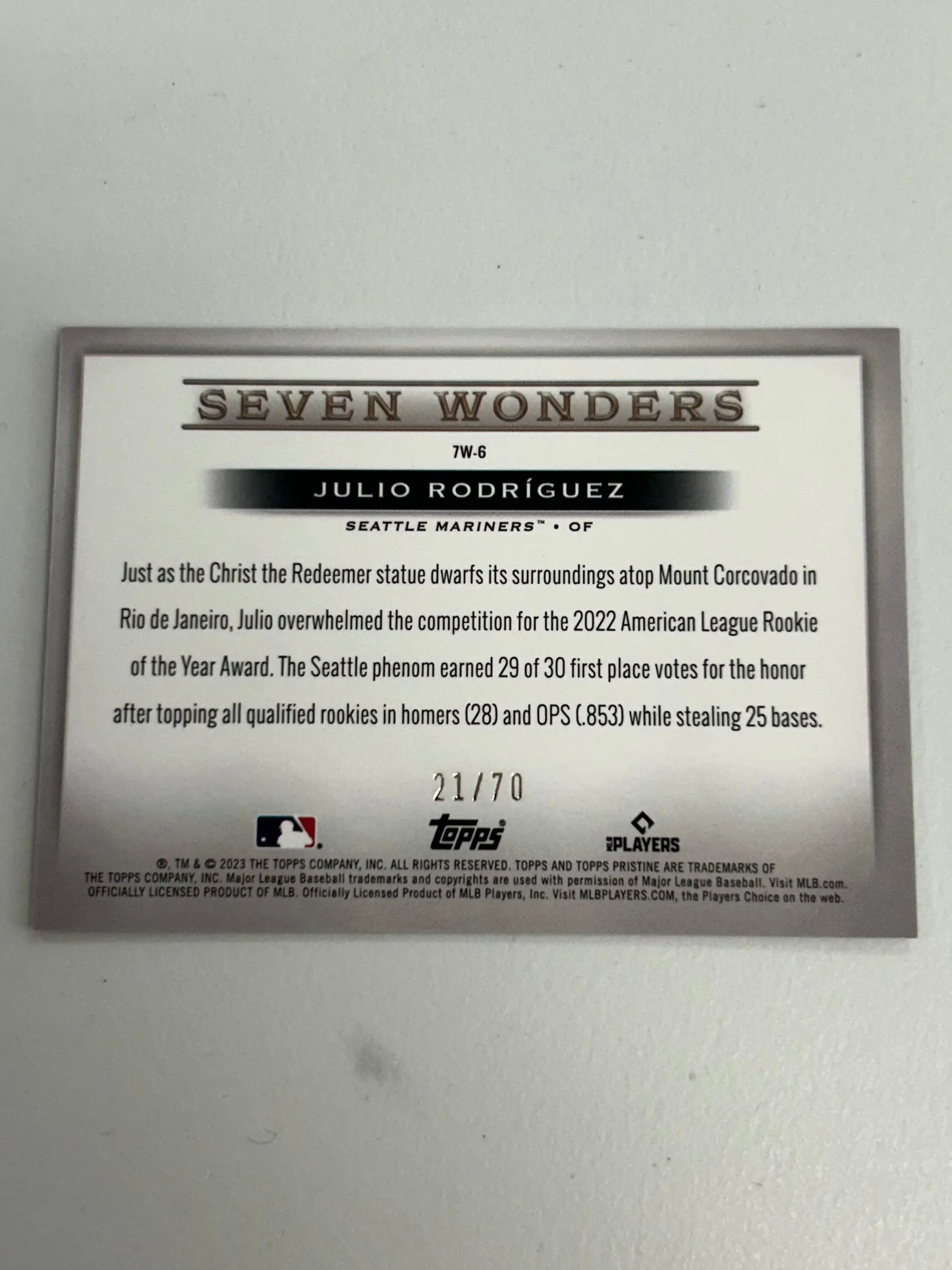 Julio Rodriguez 2023 Topps Pristine Seven Wonders card back with player statistics