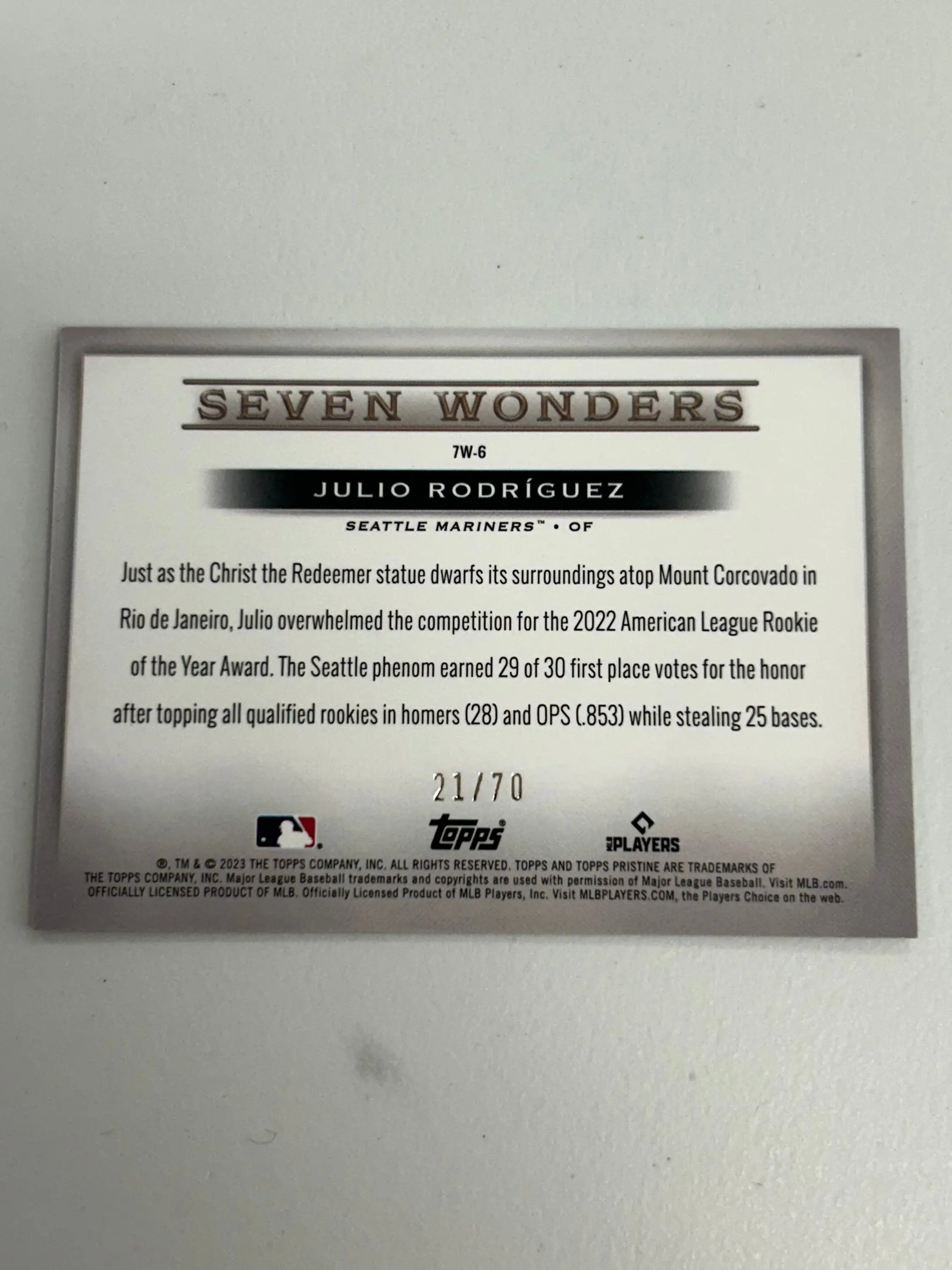 Julio Rodriguez 2023 Topps Pristine Seven Wonders card back with player statistics