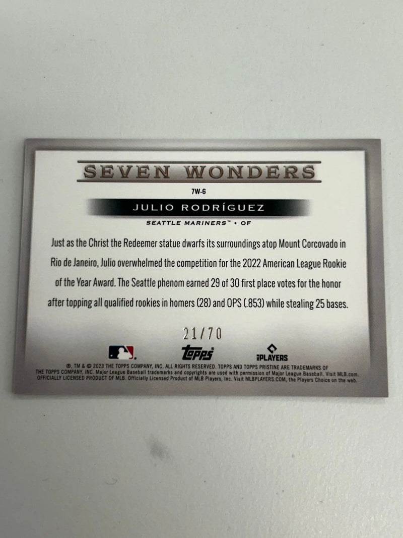 Julio Rodriguez 2023 Topps Pristine Seven Wonders card back with player statistics