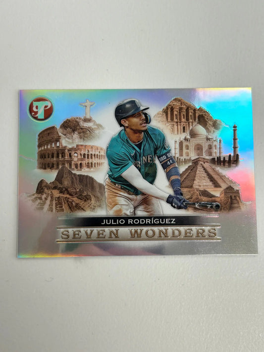 Baseball trading card of Julio Rodriguez with Seven Wonders of the World backdrop