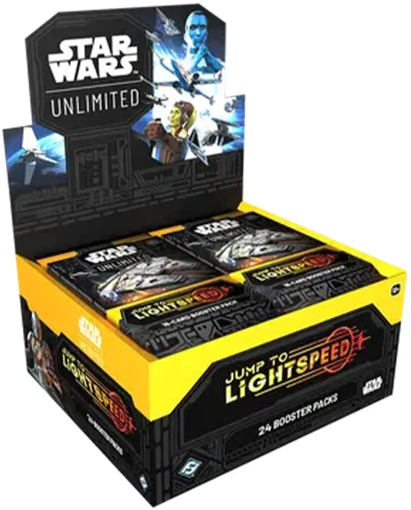 Star Wars Unlimited lightspeed booster display with trading cards in Jump to Lightspeed box