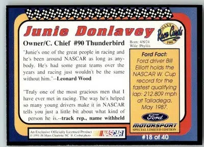 Junie Donlavey - 1991 Maxx Ford Motorsport - #18 - Racing - Racing Card Single