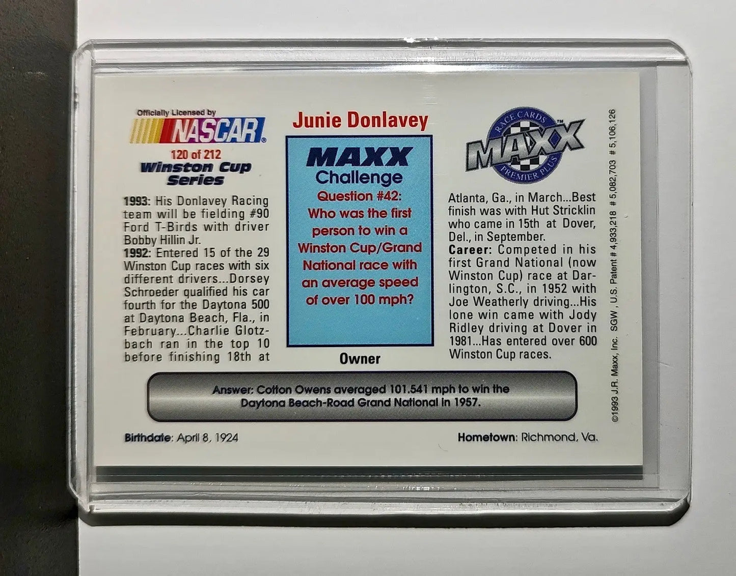 Junie Donlavey 1993 Maxx Premier Plus Racing #120 NASCAR Card Donlavey Racing - Racing Card Single