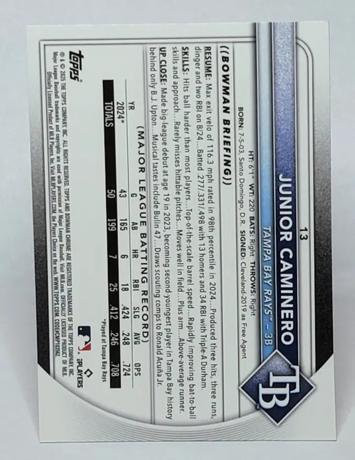 Junior Caminero #13 Topps Bowman 2025 - Bowman Chrome Mojo Refractor - Baseball Card Single