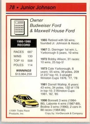 Junior Johnson - 1991 Traks - #78 - Racing - Racing Card Single