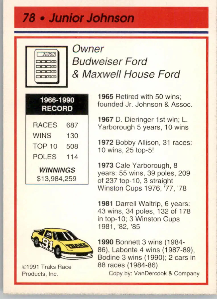 Junior Johnson - 1991 Traks - #78 - Racing - Racing Card Single
