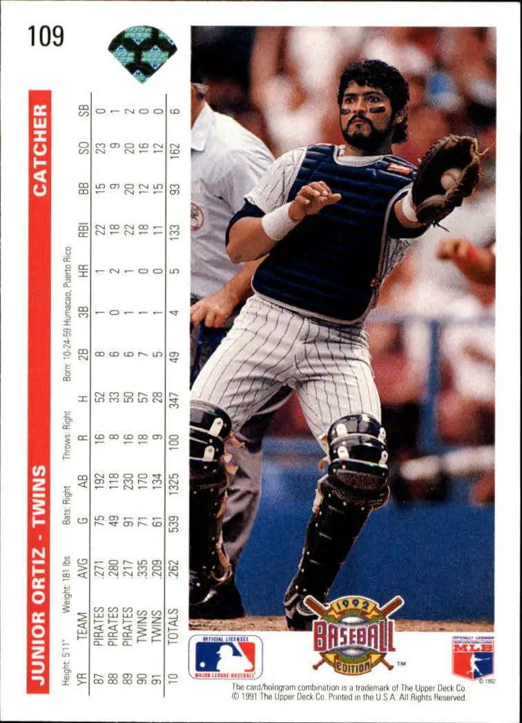 Junior Ortiz 1992 Upper Deck MLB #109 Baseball Card Minnesota Twins