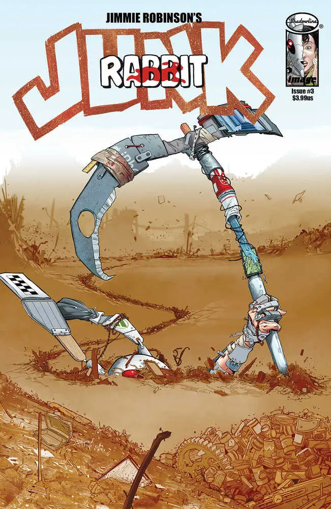 Robotic arm arcs from ground in Junk Rabbit trading cards cover art by Robinson