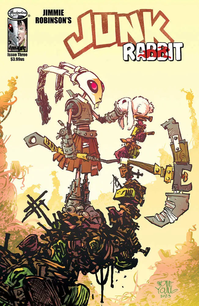 Comic book cover of Junk Rabbit #3 with robotic rabbits on scrap metal pile