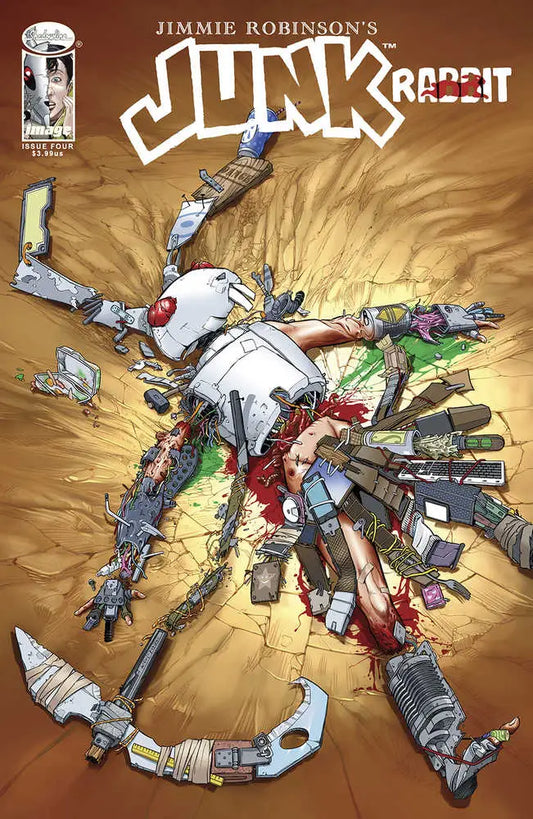 Comic book cover of Junk Rabbit #4 featuring a robotic rabbit exploding into parts