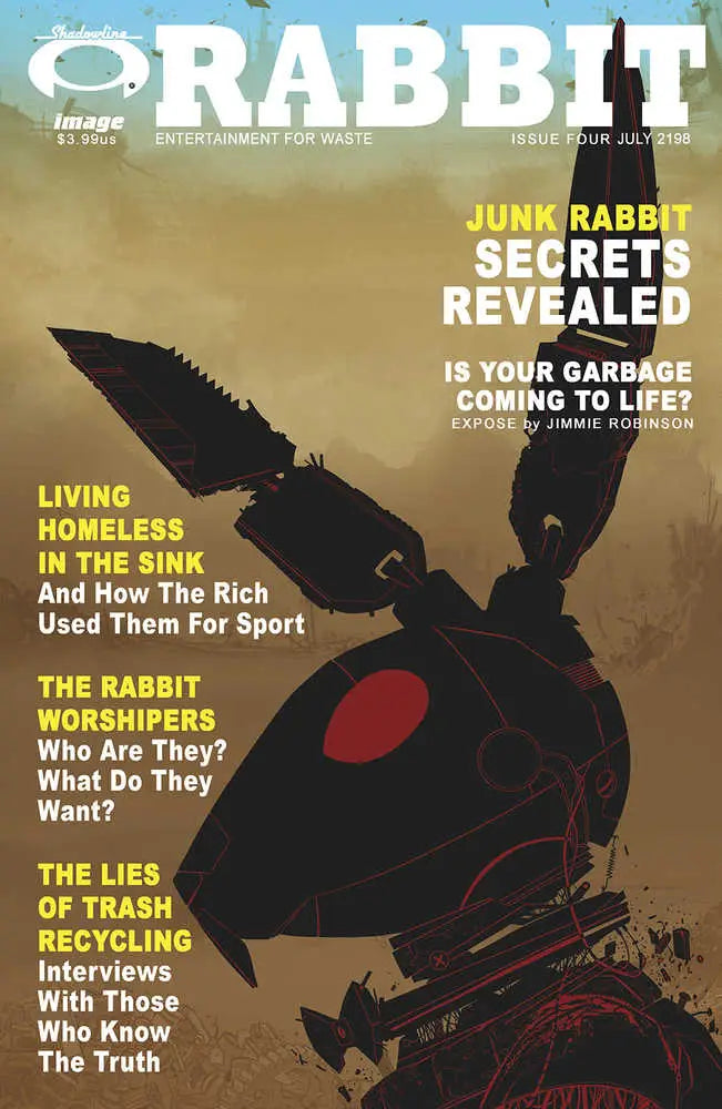 Dark rabbit head silhouette with glowing red eyes on RABBIT magazine cover for Junk Rabbit #4