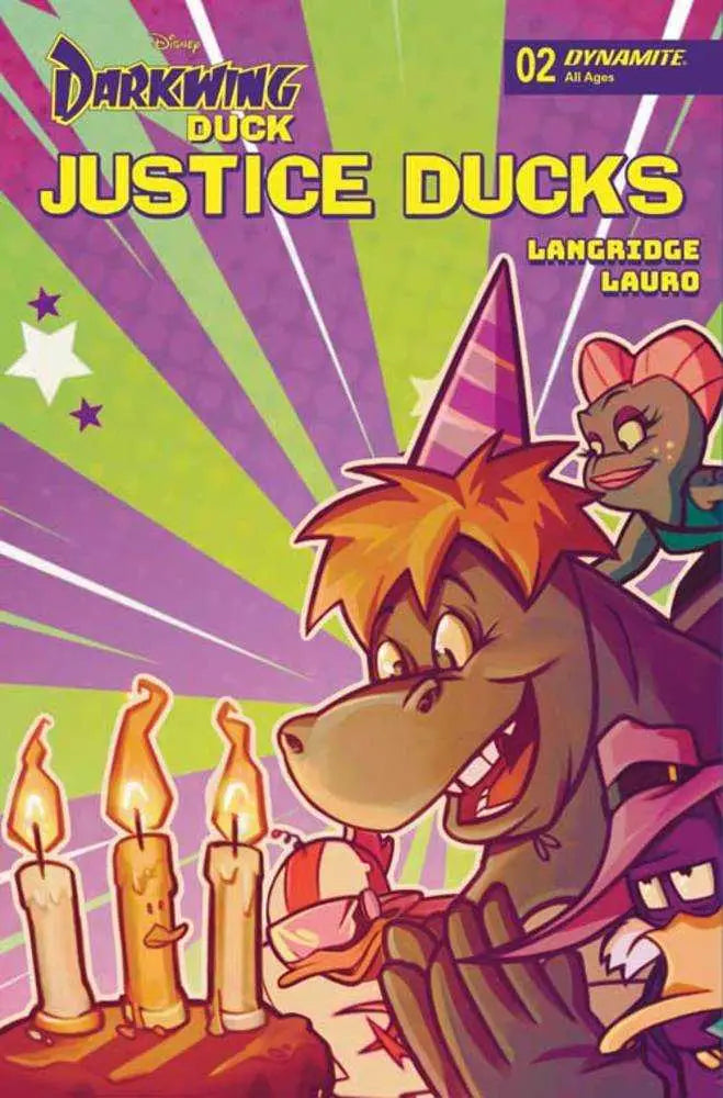 Comic book cover for Justice Ducks #2 with Darkwing Duck blowing out candles