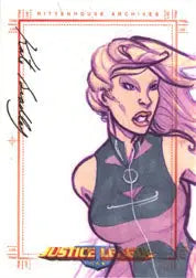 Autographed Justice League Archives Sketch Card featuring purple-haired Huntress by Kate Bradley