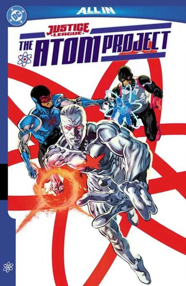 Justice League The Atom Project TPB comic cover with three characters and energy effects