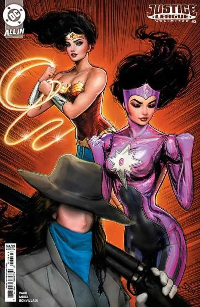 Comic book cover of Wonder Woman and Star Sapphire with shadowy figure for trading cards