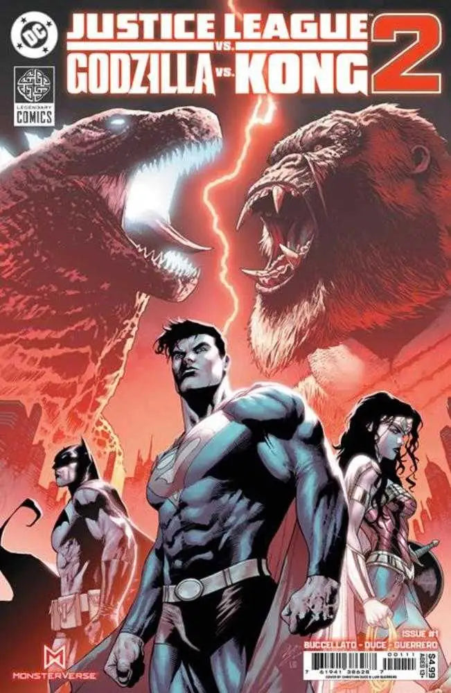 Justice League vs Godzilla vs Kong comic book cover featuring legendary Earth heroes and task force