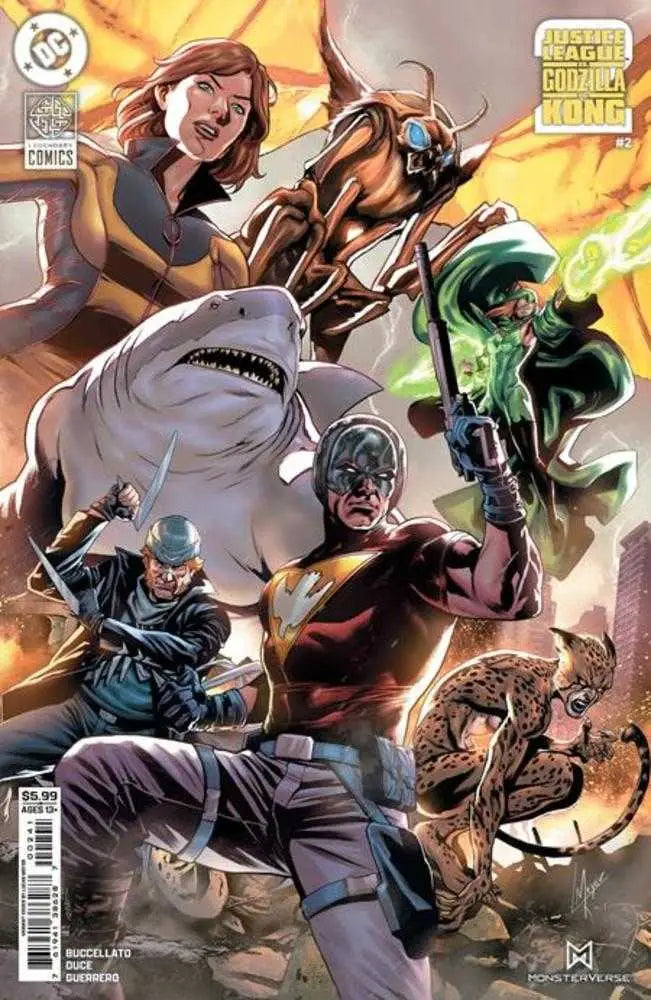 Comic book cover featuring Justice League, Godzilla, Kong, hollow earth, card stock variant