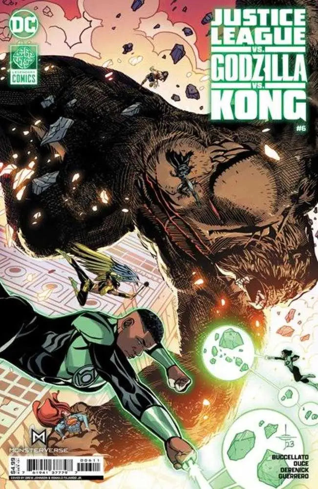 Comic book cover of Justice League vs Godzilla vs Kong with explosive action and trading cards