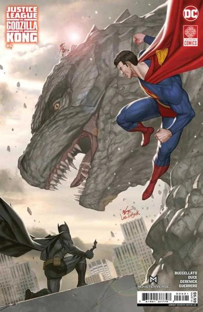 Comic book cover of Justice League vs Godzilla vs Kong with Superman and Batman in action