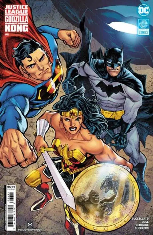 Justice League vs Godzilla vs Kong #6 cover features Superman, Wonder Woman, Batman in action