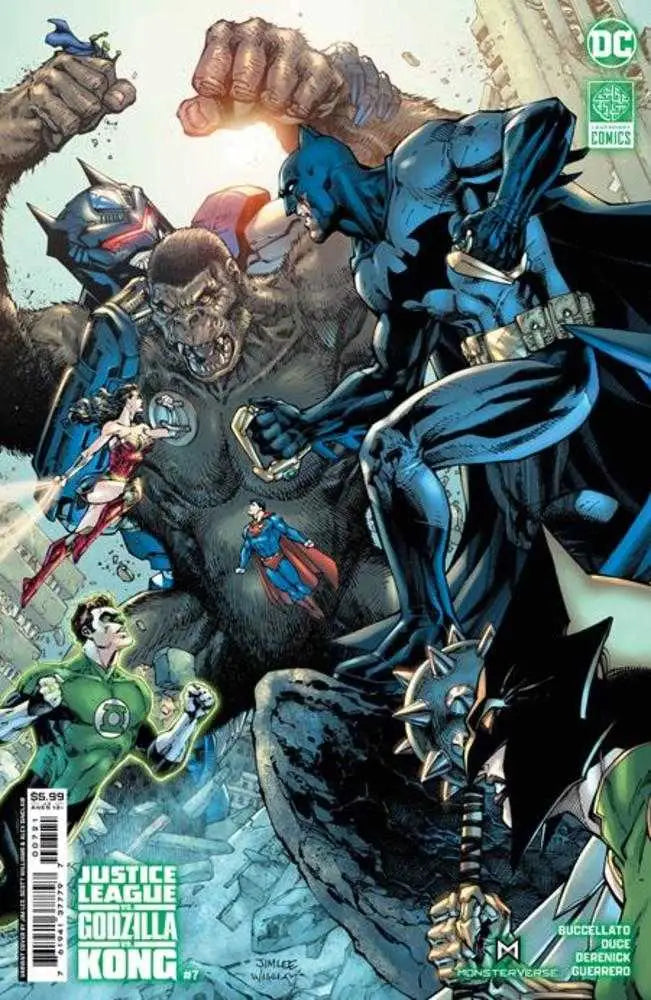 Gorilla-like creature battles Justice League superheroes in epic card stock cover art