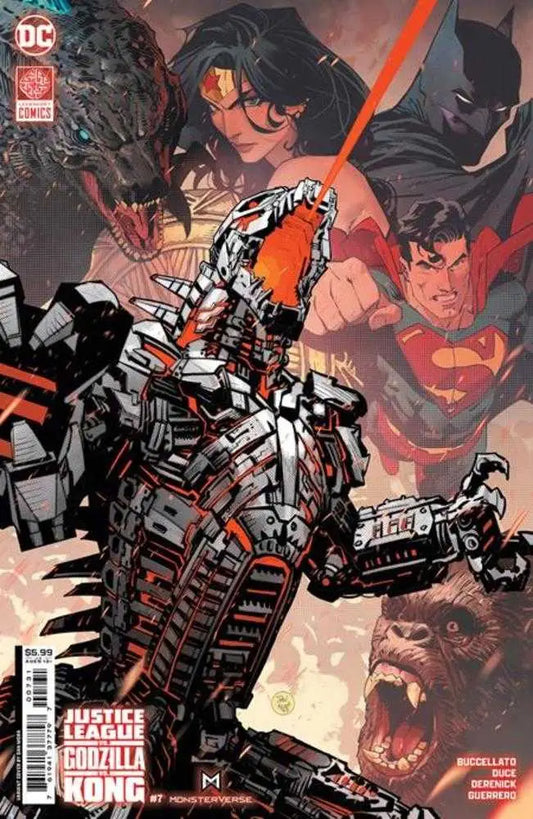Robotic Kong figure with armor in Justice League vs Godzilla vs Kong trading cards design