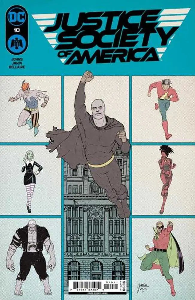 Justice Society of America #10 cover features superhero character sketches in vibrant panels