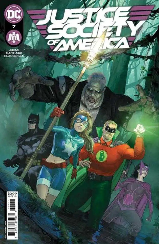 Justice Society of America #7 comic book cover with superheroes in a mystical green setting