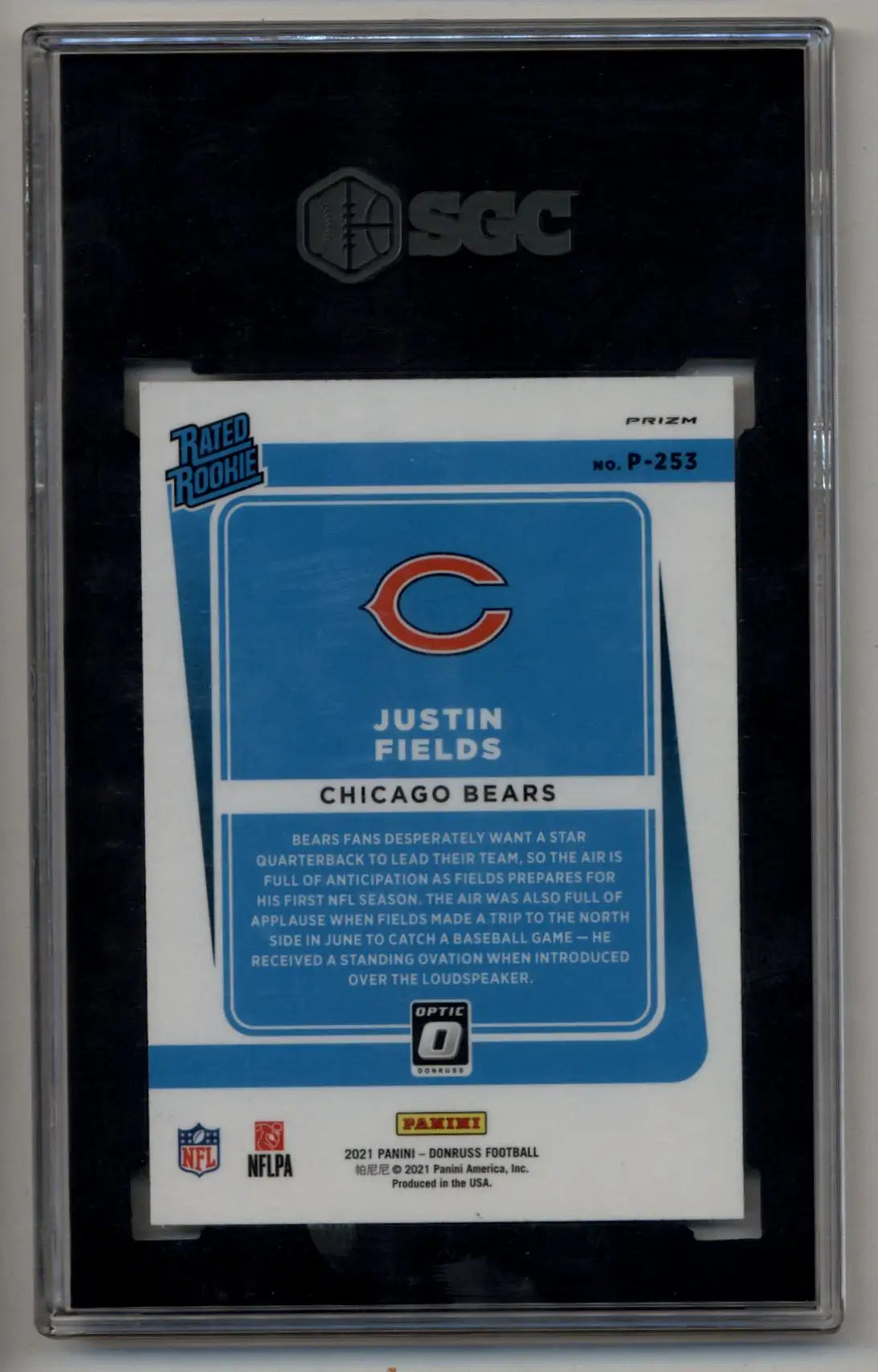 Back of Justin Fields 2021 Donruss Optic Preview Silver Prizm SGC 9.5 Gem Mint card