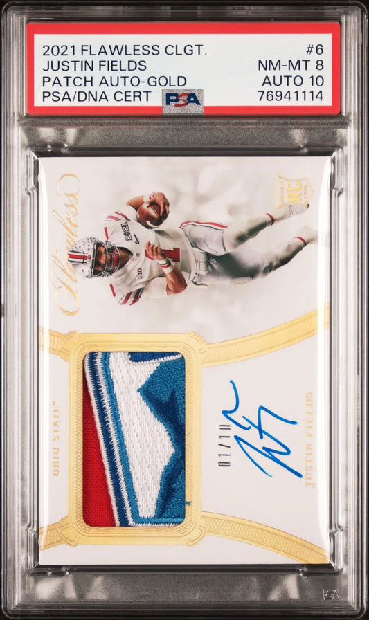 Justin Fields 2021 Panini Flawless Collegiate Gold Patch Auto #1/10 PSA 8 Auto 10 - Football Card Single