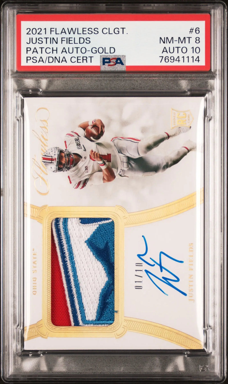 Justin Fields 2021 Panini Flawless Collegiate Gold Patch Auto #1/10 PSA 8 Auto 10 - Football Card Single