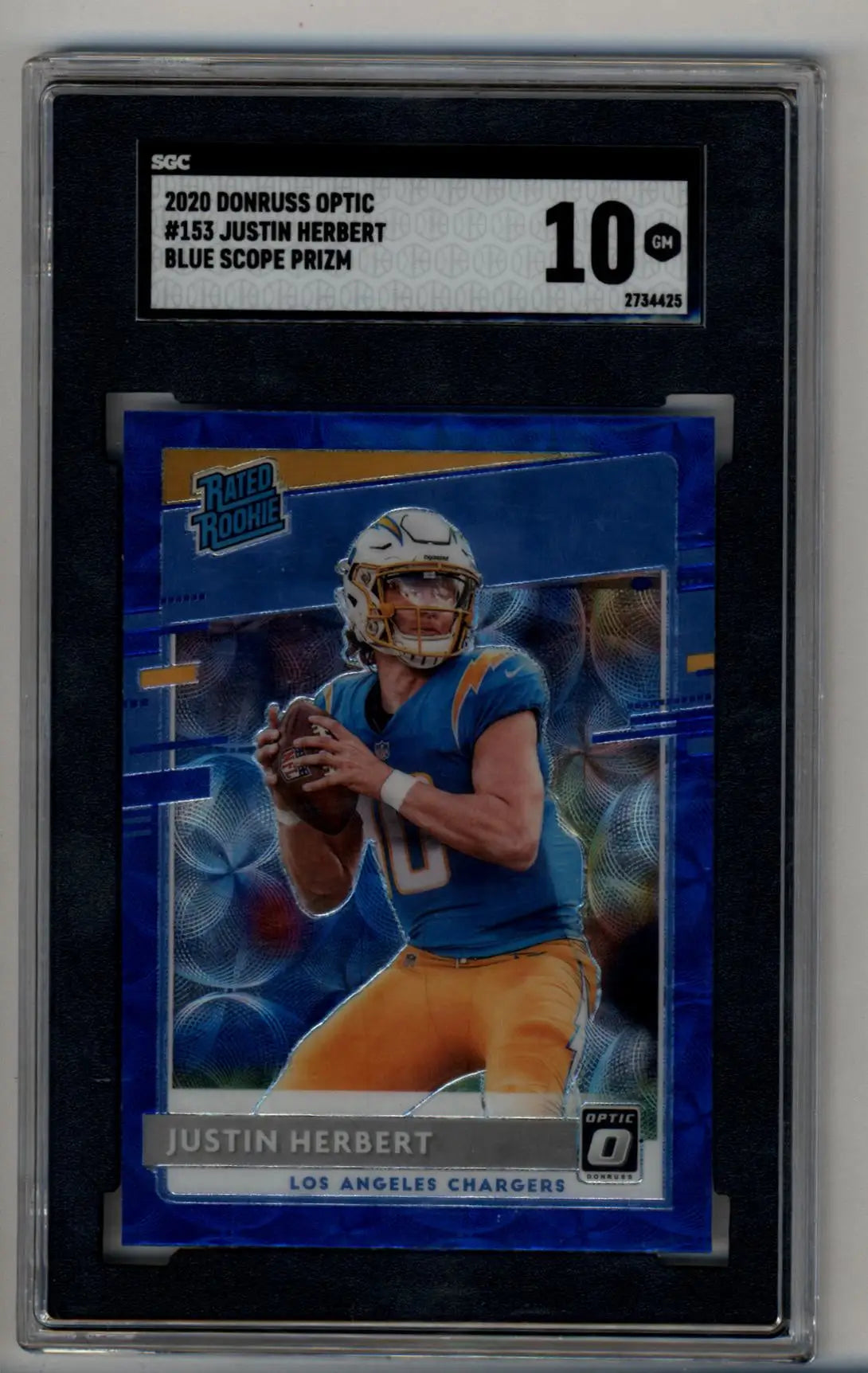 Justin Herbert 2020 Optic Blue Scope Prizm football card in SGC 10 Gem Mint
