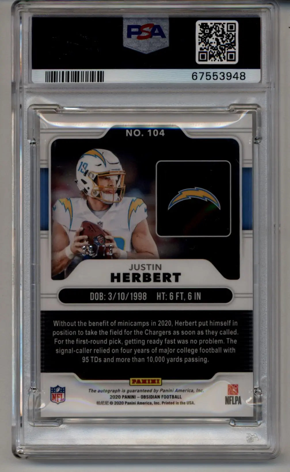 Justin Herbert 2020 Panini Obsidian Rookie Auto Electric Etch Orange #104 Justin Herbert 39/75 PSA 10 Gem Mint