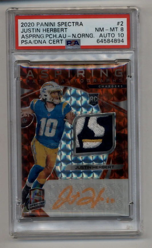 Justin Herbert 2020 Spectra Aspiring Orange Auto Patch 1/5 PSA 8 Near Mint Mint Auto 10 - Football Card Single